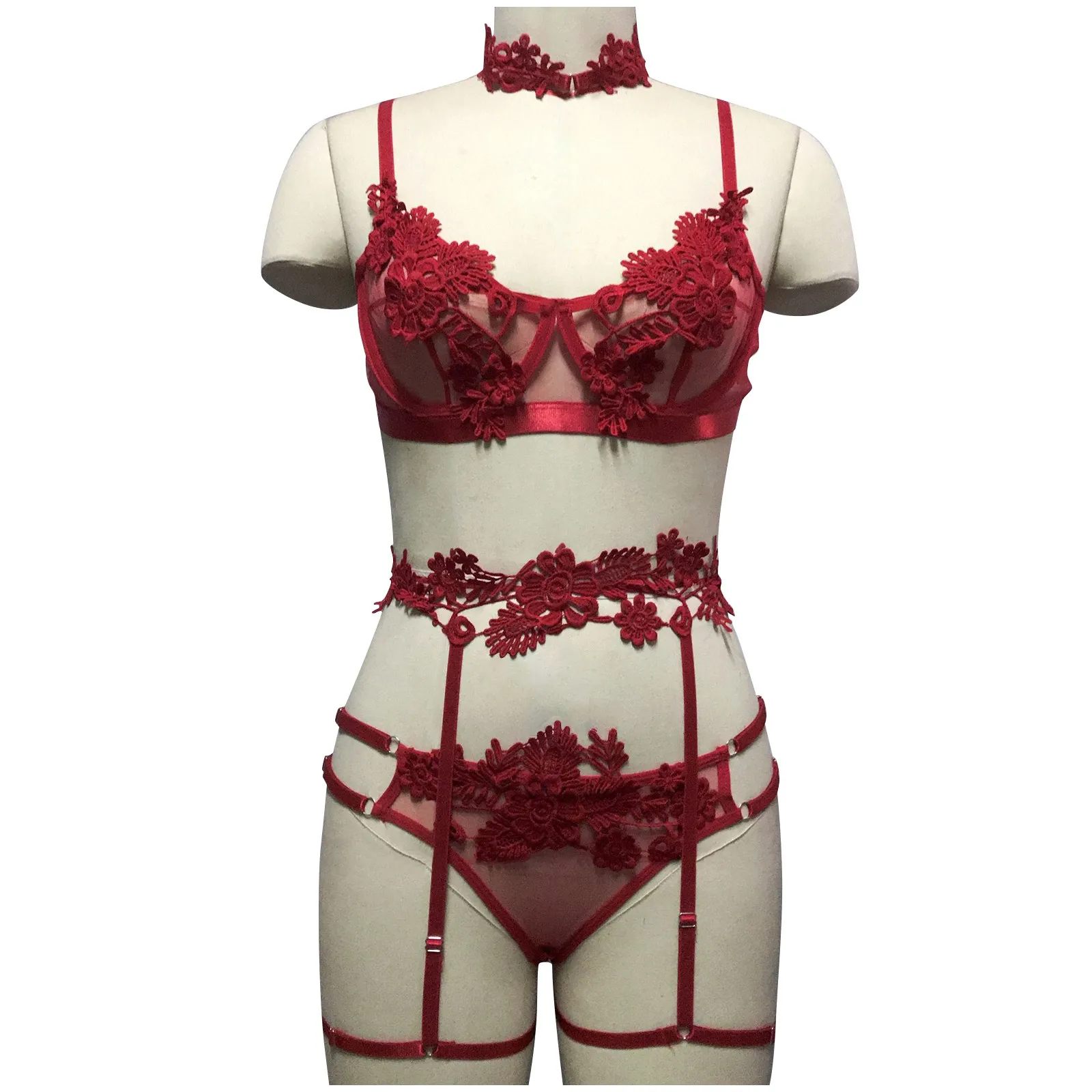 

3pc Mesh Perspective Lingerie Set Women Neck Ring Cut Bra Underwear Set Sexy Sensual Lingerie Woman See Through Brief Set Garter