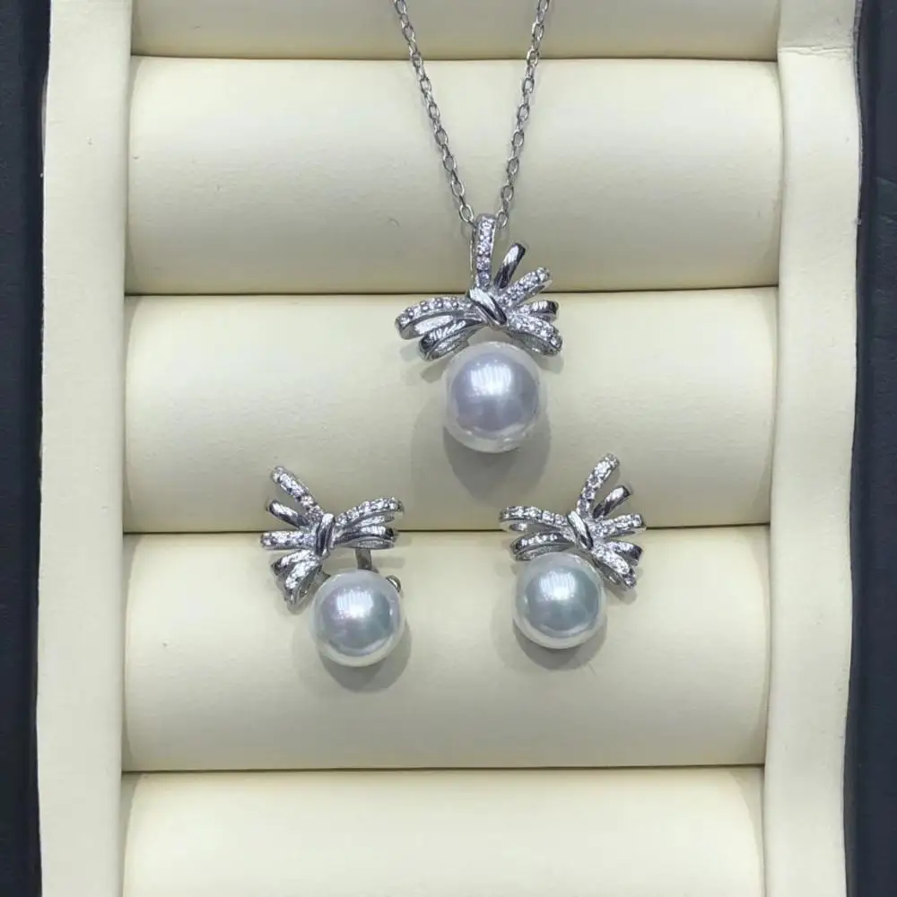 BOW KNOT 925 Sterling Silver Pendant Earrings Mountings Findings Base Jewelry Set Mounts Settings Parts for Pearls Beads Crystal