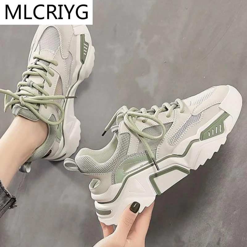 

Женские кроссовки на шнуровке, удобные дышащие кроссовки из сетчатого материала, повседневная обувь на платформе, сочетающиеся цвета, моде...