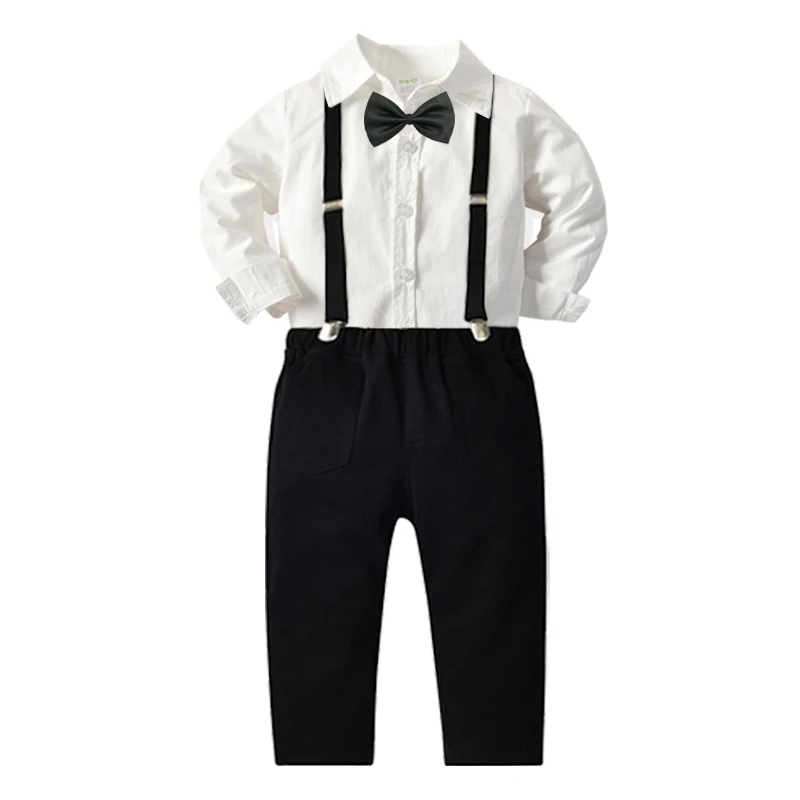 

Осенний комплект одежды для мальчиков, рубашка с длинным рукавом и бантом + брюки на подтяжках, детский официальный джентльменский костюм, п...