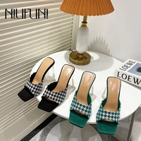 niufuni women pumps 11cm crystal heel houndstooth sandals slippers slip on open toe transparent pvc slides muller shoes clear
