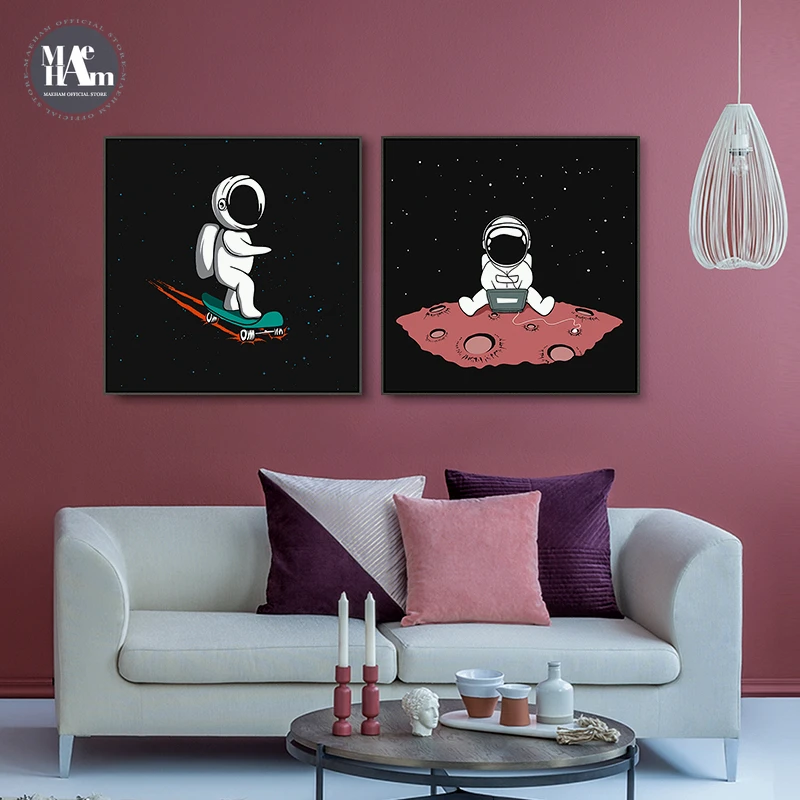 Cartoon rocket Astronauts Nursery Wall Picture Poster Print Boy bedroom Modern Canvas Painting Kids Children Wall Art Mural