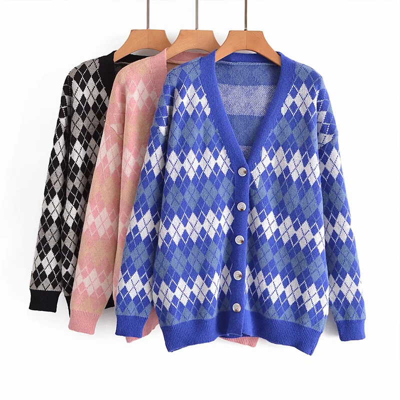 

2021 autumn new women's wear loose sweater coat Plaid knitting cardigan over oversized top