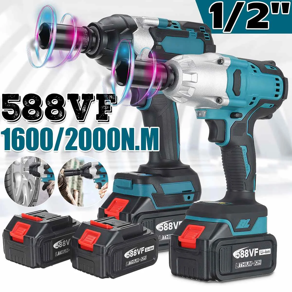 2000N.M Cordless Electric Impact Wrench 1/2 inch Socket Power Tools Car Repair 588Vf Li Battery +LED Adapt to Makita | Инструменты