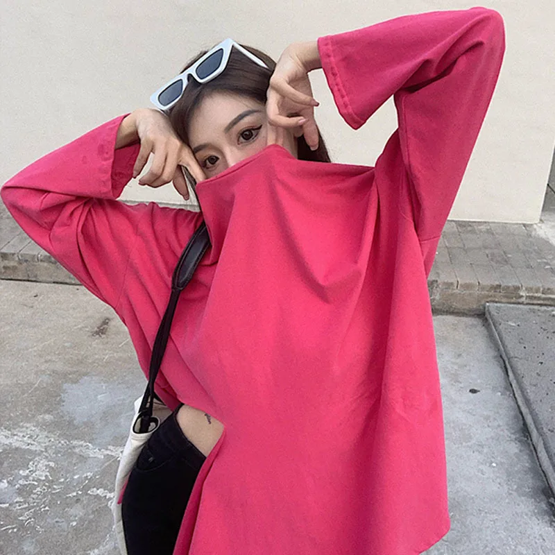 

2021 Spring Autumn New Korean Simple Solid Color Loose Thin Casual O-neck T-shirt Plus Size Wild Long-sleeved T-shirt