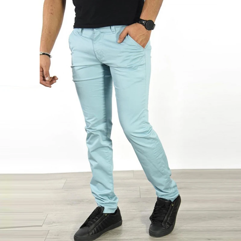 

2021 Spring Autumn Fashion Pencil Pants Men's Daily Casual Mid Waist Skinny Long Trouser Business Solid Color Slim Pants For Men