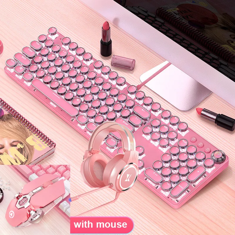 

Игровые наборы для девочек, розовая клавиатура, мышь, гарнитура, комбо, 104 клавиш, механическая клавиатура с зеленой осью, оптическая мышь 3200 ...