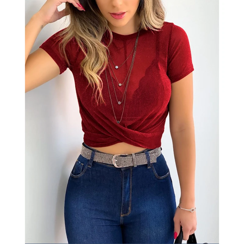 

Сексуальная летняя футболка, прозрачный укороченный топ, эстетичный женский тонкий короткий рукав, круглый вырез, полый крест, футболка, эл...