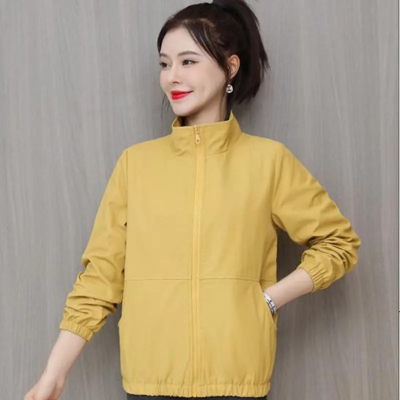 

Women's Short Jacket 2021 Spring Autumn New Pure Color Casual Windbreaker Stand Collar Tooling Jacket Coat Tops With Lining