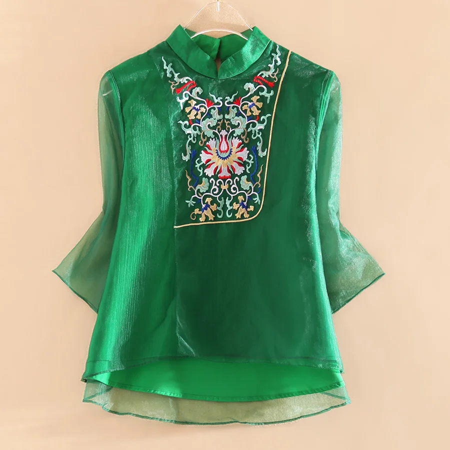 Женская свободная рубашка с вышивкой Элегантная блузка в китайском стиле весна