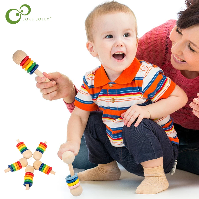 

Cute Wooden Baby Rattle Molar Stick Baby Teether Cartoon Light Macaron Rainbow Color Rattle Safe Early Education Toys DDJ