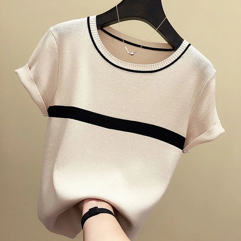 

Thin Knitted T Shirt Women Clothes 2020 Summer Woman Short Sleeve Tees Tops Striped Casual T-Shirt Female Tshirt Femme