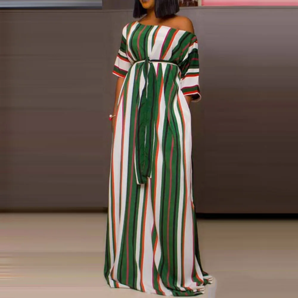 Green Stripe Dress Женское платье миди, сексуальное, с открытыми плечами, с принтом, цвет блока, лето, Трендовое, размера плюс, платье трапециевидной формы, элегантное, повседневное, уличное, повседневное, повседневное - Цвет: Green Stripe Dress