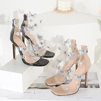 new fashion butterfly flying rhinestone transparent glass pvc high heel women sandals square toe high heels