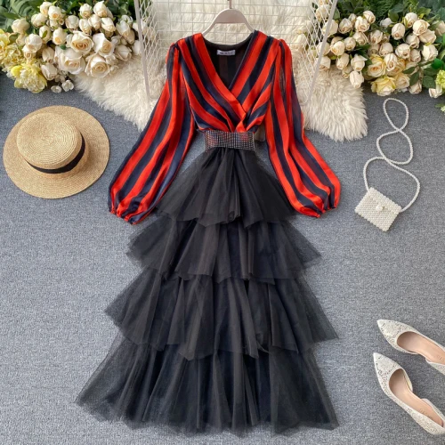 

Women High Street Party Dress Spring Autumn New V-Neck Puff Sleeve Striped Mid-Calf Dresses Slim Chic Sexy Wild Vestidos