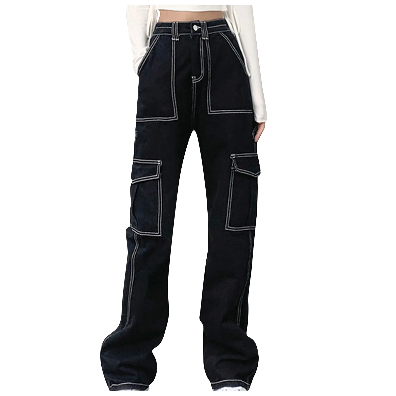 

Women’s Mid Waisted Wide Leg Pants Straight Poket Jeans Casual Baggy Trousers Open stitch pocket straight jeans long pants