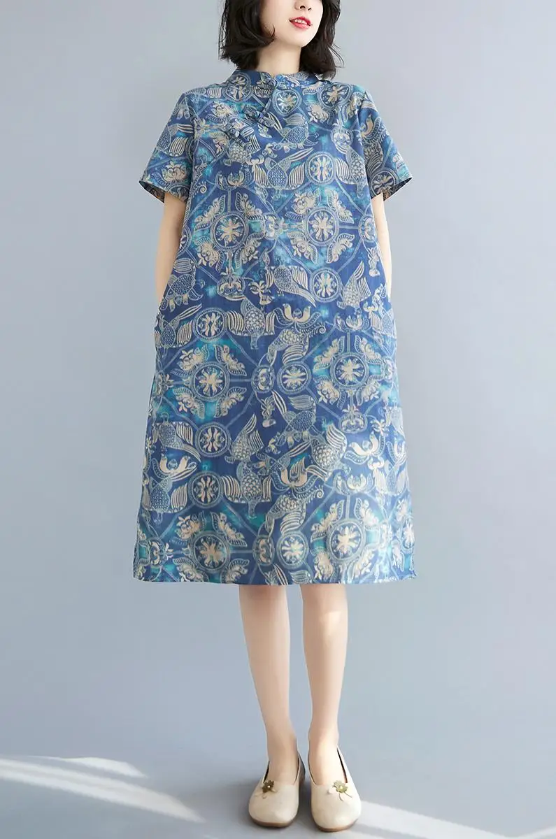

Summer Vintage Chinese Style Print Cotton Maternity Dress Clothes for Pregnant Women A Line Loose Elegant Pregnancy Cheongsam