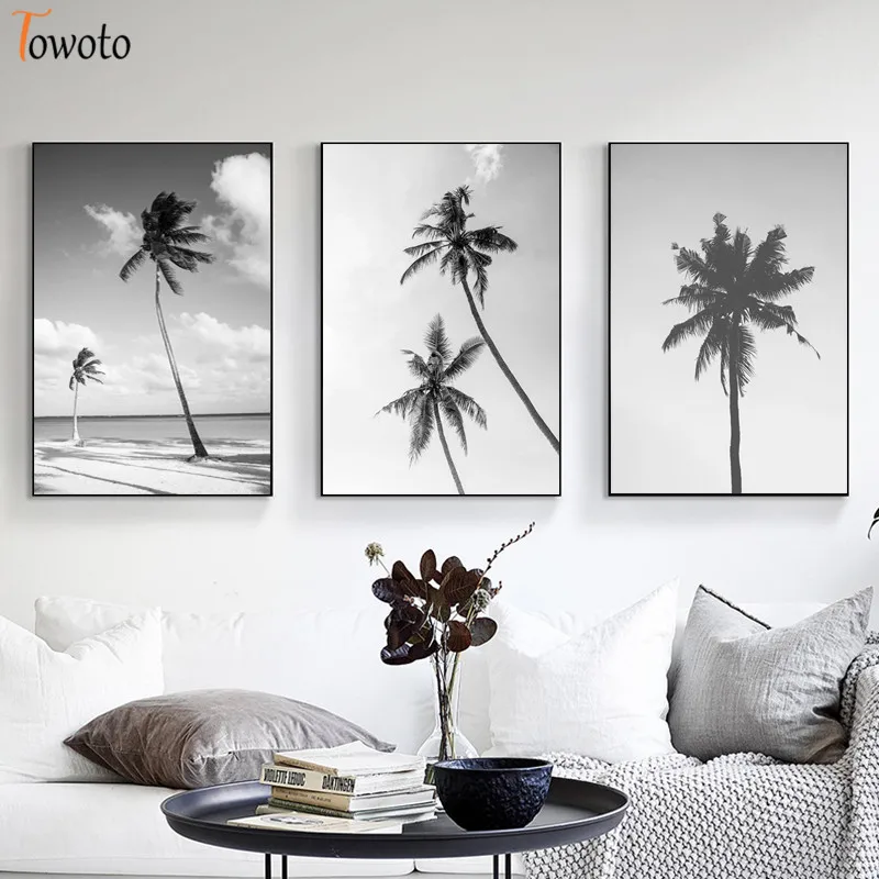Черно-белый постер с принтом пальмы пейзаж холст живопись песчаный пляж