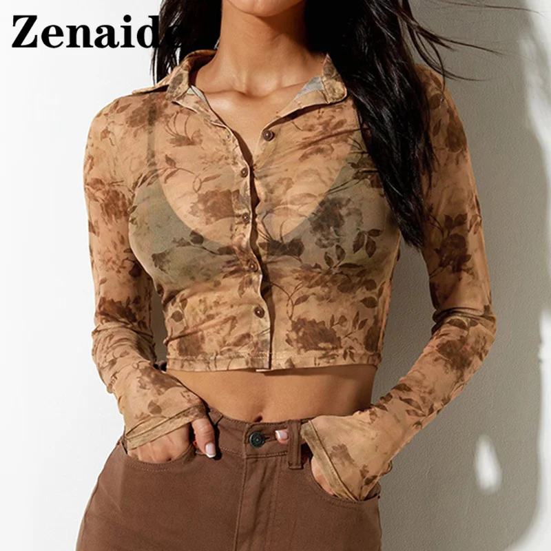 

Женский прозрачный кроп-топ Zenaide, Повседневная Клубная блузка на пуговицах с модным принтом, осень