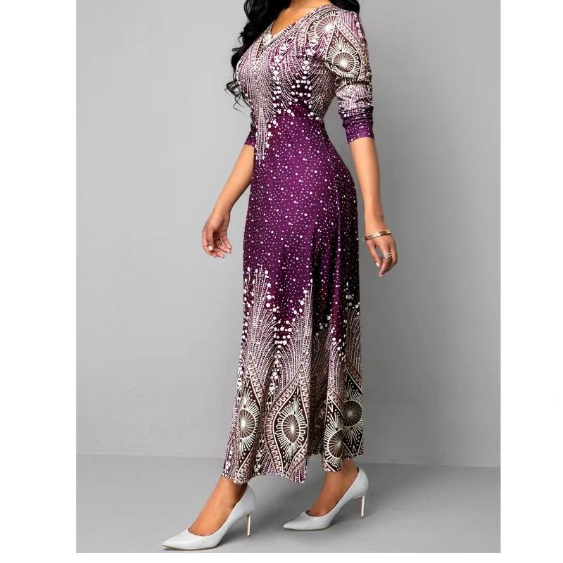

Casual Long Skirt 2021 European And American Fashion Spring And Autumn New Women's V-neck Retro Printing Long-sleeved Maxi Dress