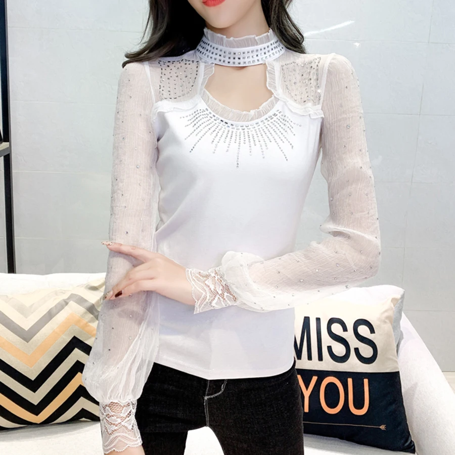 2021 Сезон весна Новинка Модные тонкие футболка со стразами женские бриллиантами в