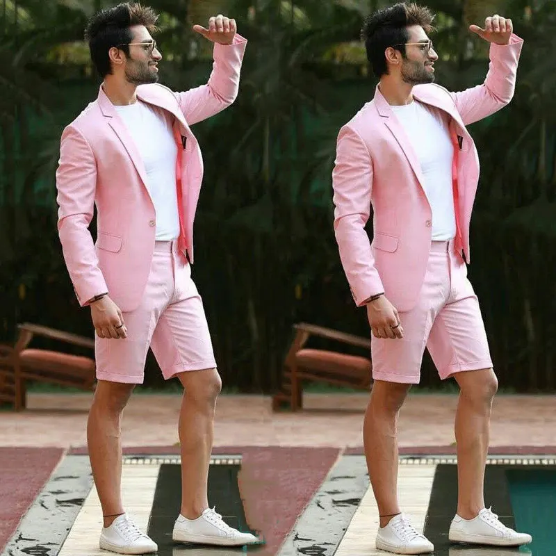 

Mens Wedding Suits Summer Casual 2 Pieces Pink Single Breasted Notch Lapel Slim Fit Blazer Jackets and Short Pants Costumes