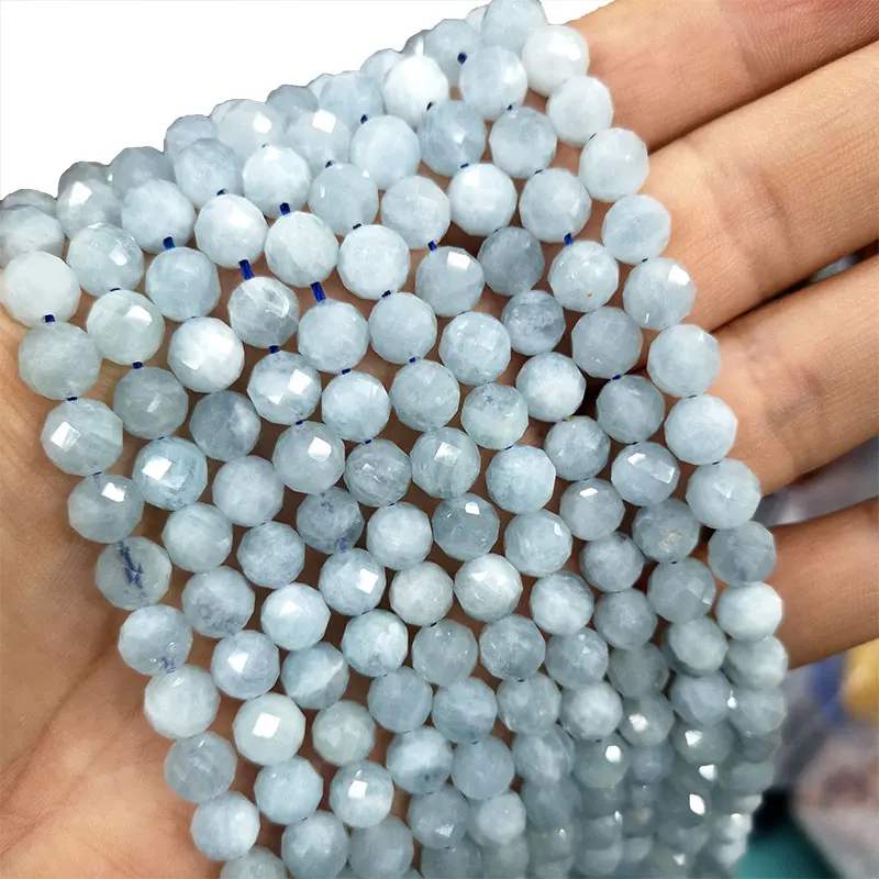 

Fine 100% Natural Faceted Blue Aquamarine Loose Round Stone Beads A Gemstone For Jewelry Making DIY Bracelet 6/8/10MM 15''