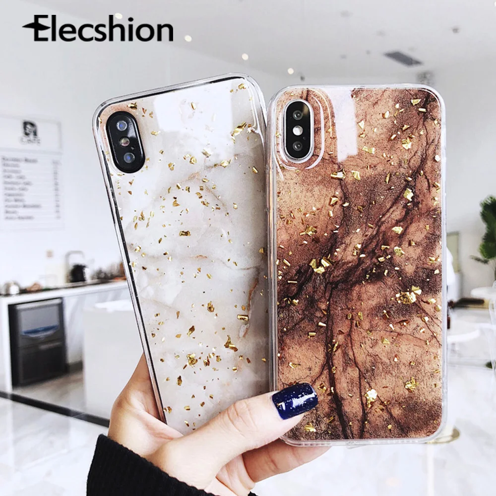 Блестящий чехол из золотой фольги для iPhone 7 8 Plus X XS XR Max роскошный блестящий