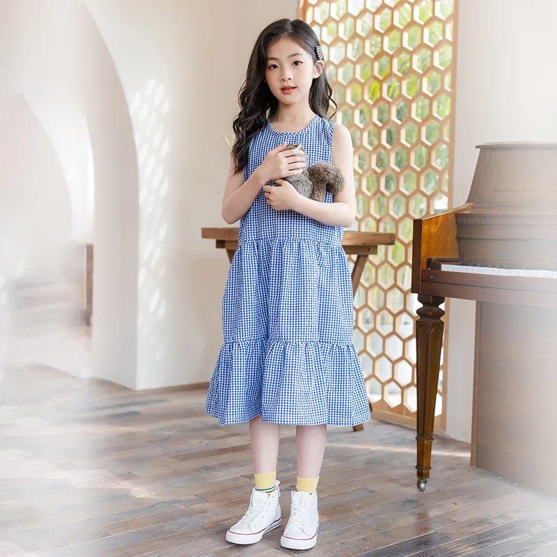 

Blue Cotton Sleeveless Dress Baby Big Girl Plaid Pattern Kids Dresses Ruffles Summer Dress Children Beach Girl Costumes 5-17 Y