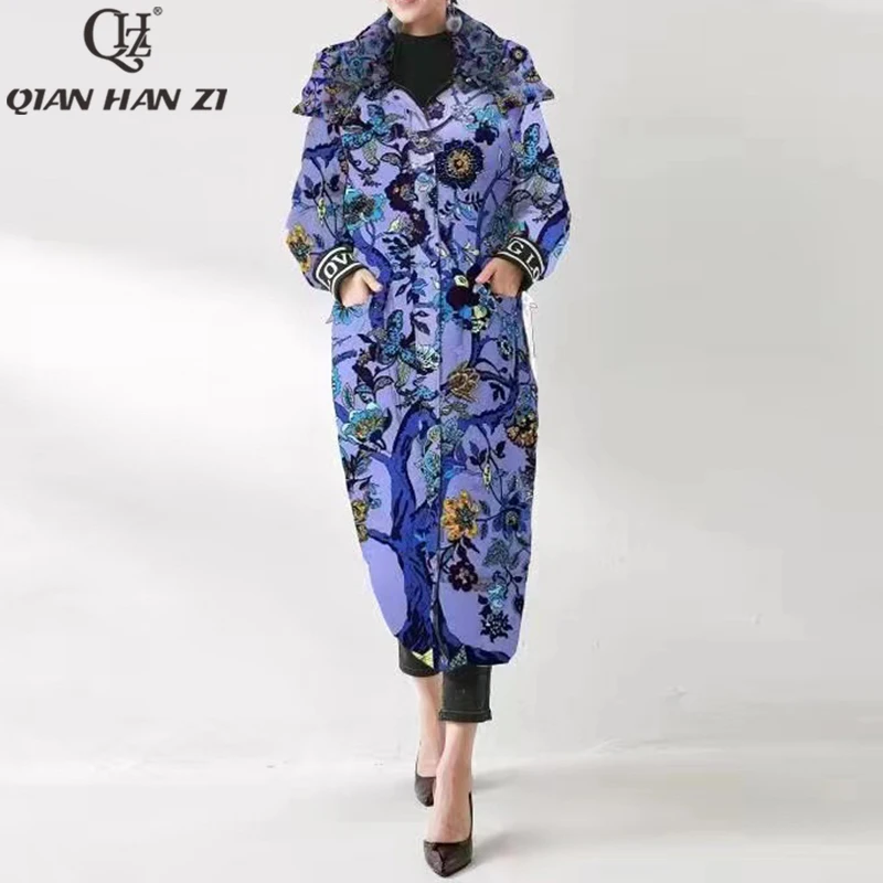 

Qian Han Zi зимняя куртка 90% на белом утином пуху со съемной шапкой винтажный принт толстые теплые длинные пальто со стразами женские дизайнерск...