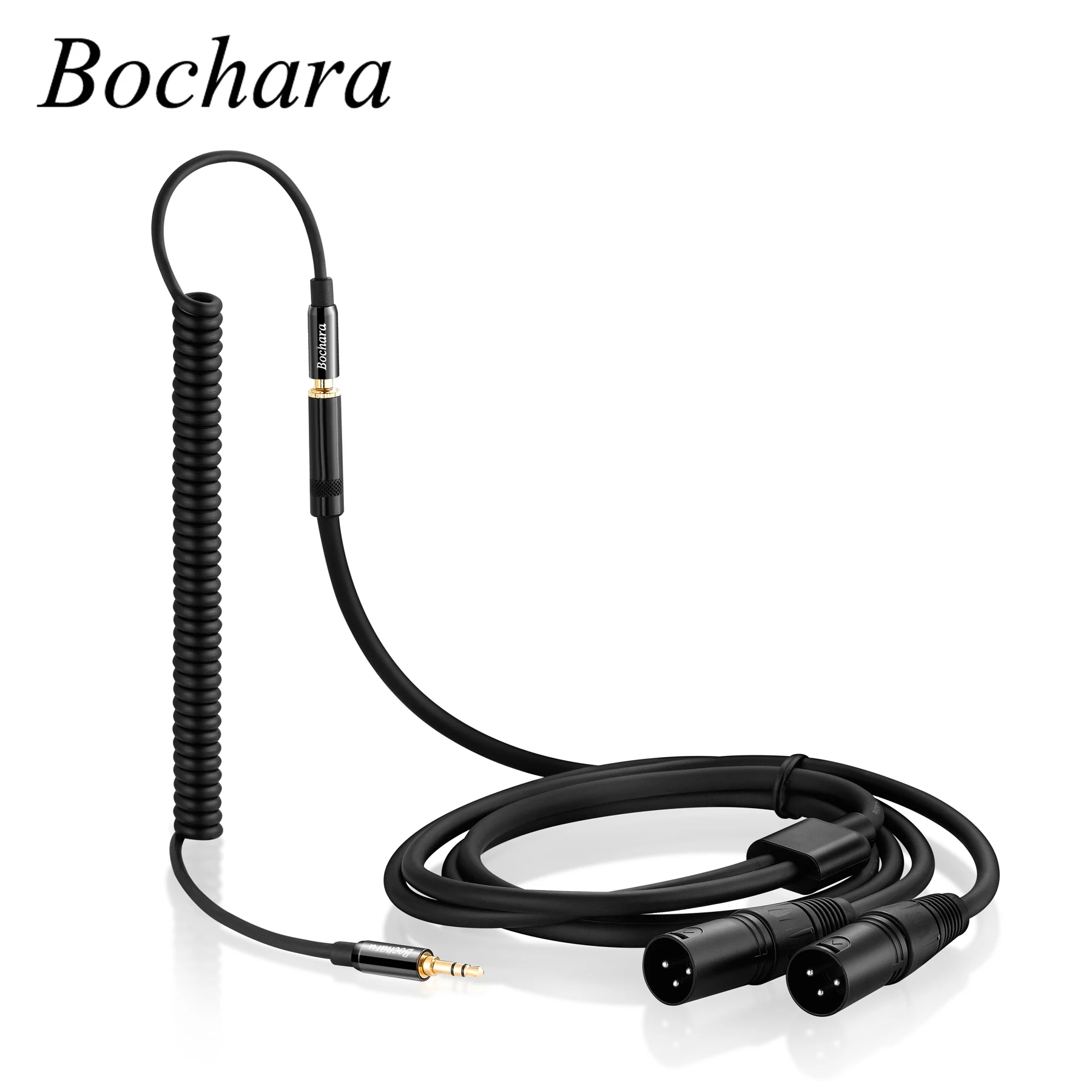 Bochara Elastic Coiled 3.5mm Cable+3.5mm Female Jack to Dual XLR Male OFC Aux Audio Cable Foil+Braided Shielded