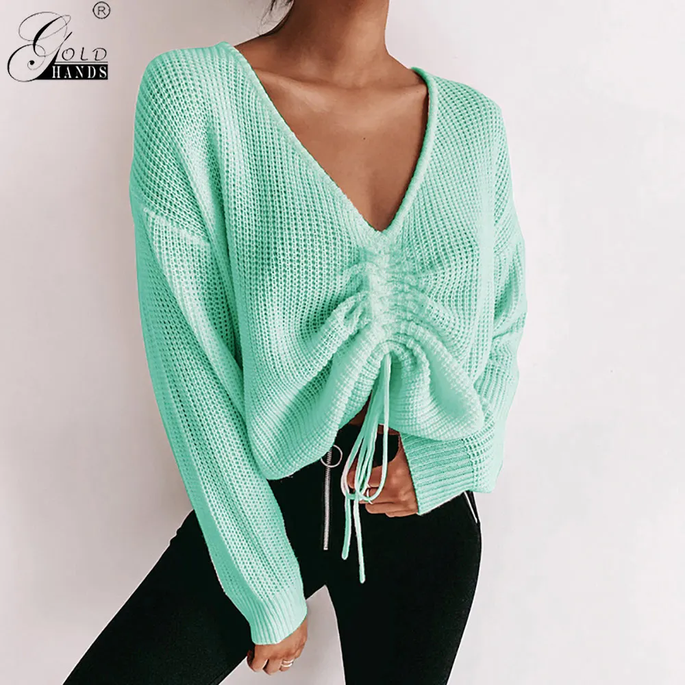 Gold Hands 2019 Sexy Fold Drawstring Solid Sweaters for Women Autumn Loose Knitted Outwear Casual V Neck Sweater Pullovers | Женская