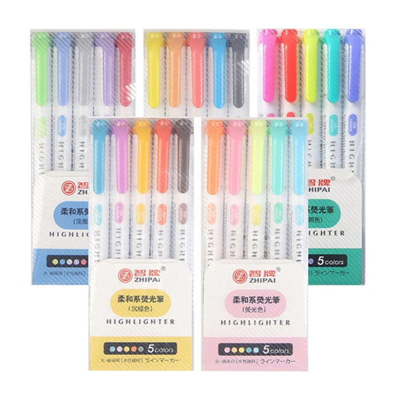 

5 Colors/box Double Headed Highlighter Pen Fluorescent Markers Mild liner Highlighters Pens Art Marker Japanese Stationery