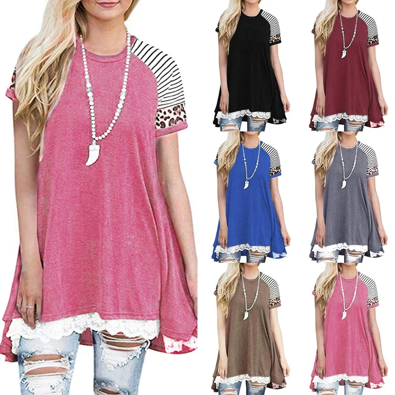 

Женская летняя Кружевная футболка с коротким рукавом и круглым вырезом леопардовой расцветки