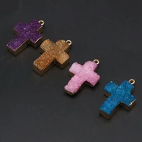 natural stone cross pendants gold plated druzy crystal charms for jewelry making diy women fashion necklace earrings gifts