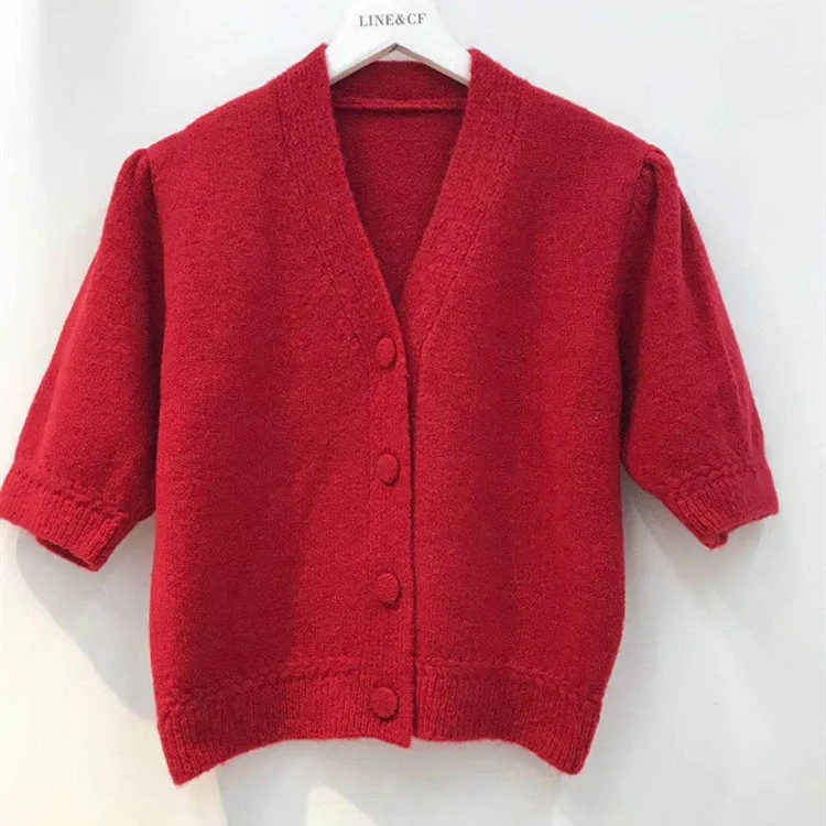 

Early in the spring and autumn 2021 pure color hubble-bubble sleeve mohair knit sweater cardigan woman with short sleeves