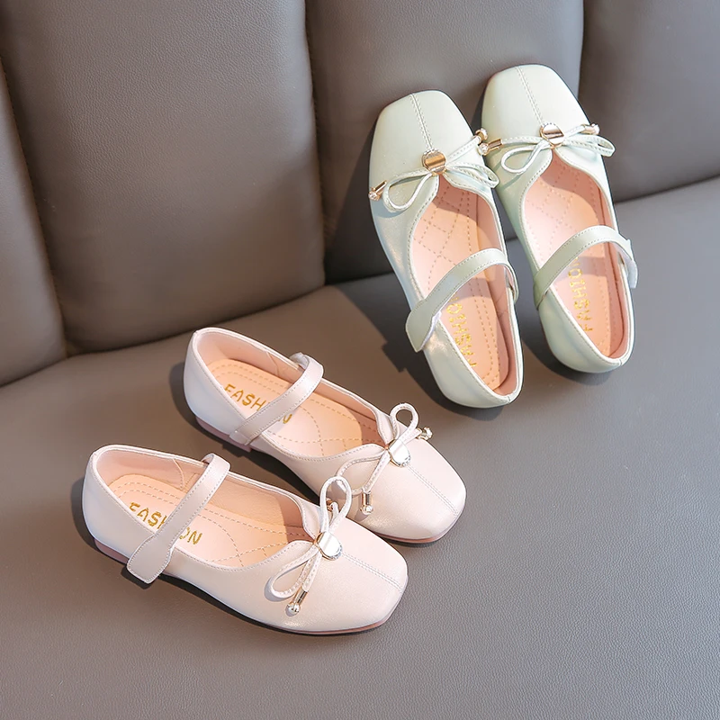 Весна 2020 Детская обувь принцессы с бантом на плоской подошве жемчугом Розовая