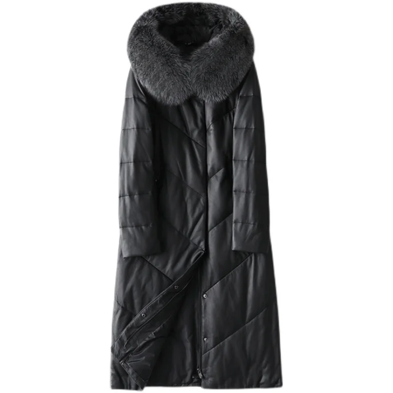 

Fashion Real Leather Duck Down Coat Real Sheep Leather Jackets Female Large Real Fox Fur Hooded Genuine Leather Jackets WY408