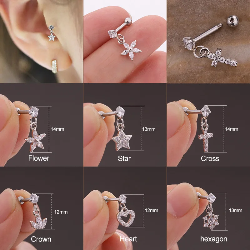 

1PC 0.8mm Stainless Steel Cartilage Chain Earring Heart Star Flower Crown Shape Dangle Tragus Bars Clear CZ Helix Earrings
