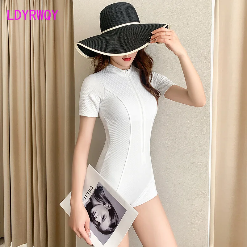

LDYRWQY 2021 new Korean style fashion conservative zipper short-sleeved flat angle solid color one-piece bikini swimsuit