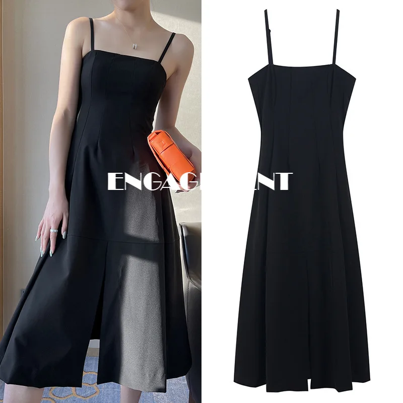 

ENGAGEMENT 2021 Summer New Split Tube Top Strap Long Temperament Black Dress French Retro Dress