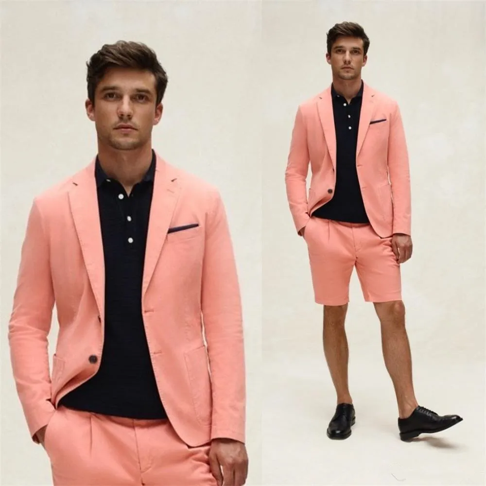

New Summer Beach Coral red Men Suits Blazer Wedding Suit Slim Fit 2 Pieces Groom Tuxedos Best Mens Prom Suits (Jacket+short Pant