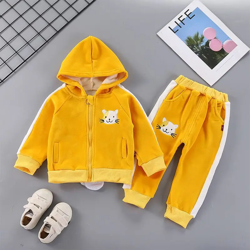 

Small And Medium Children's Clothing Girls Golden Velvet Cat Suit Autumn New Hooded Jacket Zipper Shirt Trousers Baby