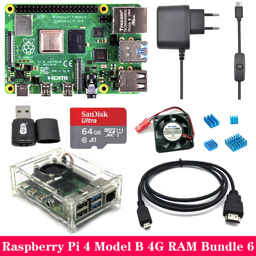 Raspberry Pi 4, 2 ГБ, 4 Гб ОЗУ, акриловый чехол, адаптер питания, алюминиевый радиатор для Raspberry Pi 4, Модель B, Pi4, 4B
