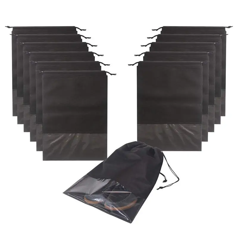 

12PCS Travel Shoe Bags Waterproof Non-Woven storage With Rope For Men and Women shoes pouch Packing Organizers, X-Large, Black