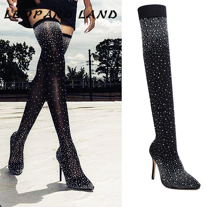 New Winter Knee Boots Sexy Fashion Warm Shiny Rhinestone Stretch Knee High Heel Women's Boots Winter Shoes ZL-139-21