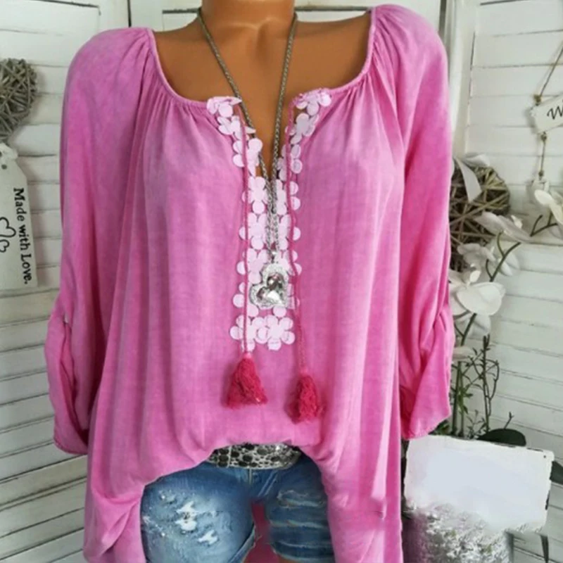 

Off Shoulder Tops Rollable Lace Patchwork Long Sleeve Blouse Loose Plus Size Leisure Shirt