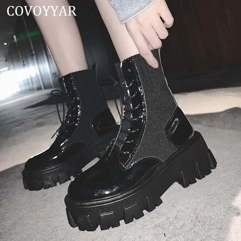 

COVOYYAR 2021 Cool Shoes Women Lace Up Patent Leather Motorcycle Boots Woman Thick Sole Platform Lady Casual Shoes WBS4041