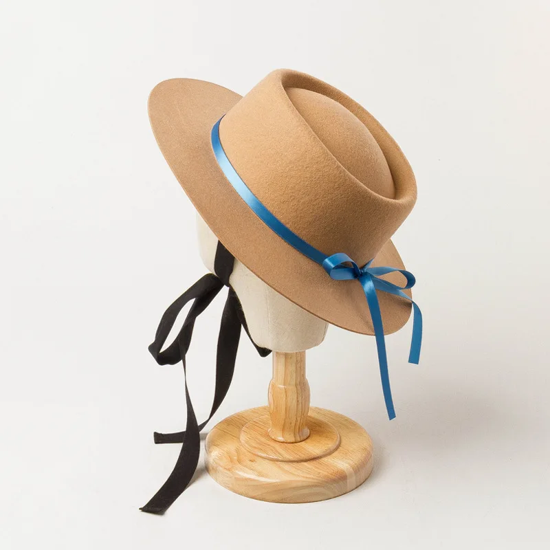 

2020 autumn winter new children's bow tie Hat Tie wool tweed ring flat top hat Fashionable,leisure and warm felt hat fascinator