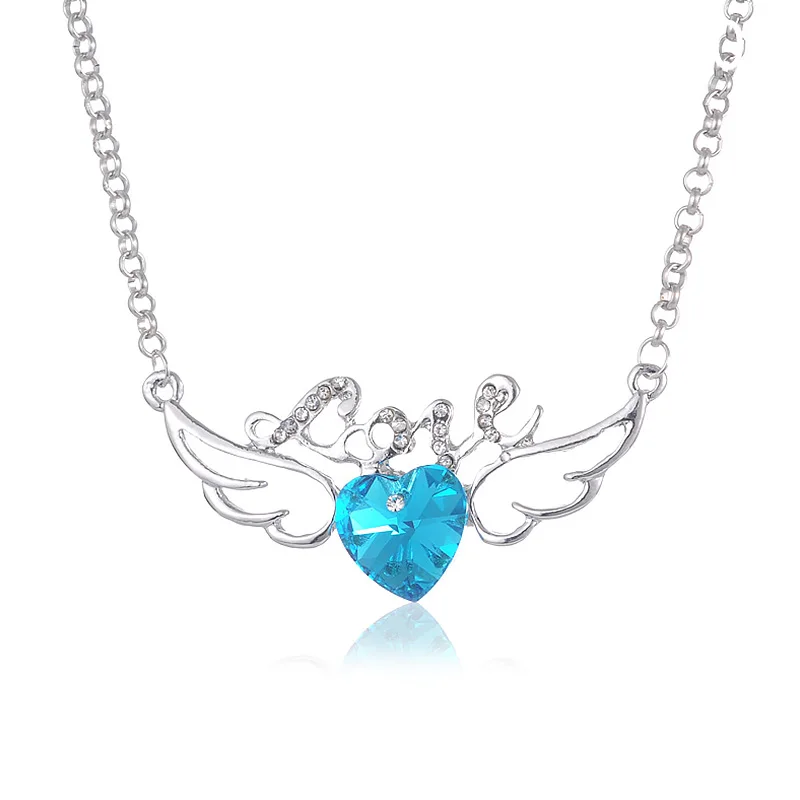 Женское ожерелье с подвеской в виде сердца кристаллами Крылья Ангела Стразы